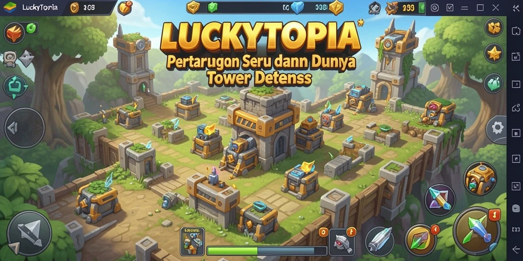 Tangkapan layar LUCKYTOPIA menampilkan pertarungan strategi menara yang intens.