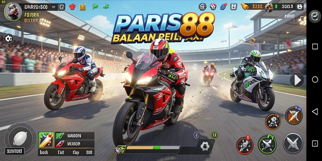 Screenshot PARIS88 menampilkan aksi balapan motor yang mendebarkan.