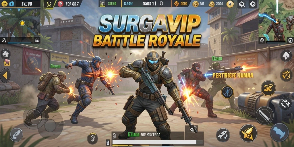 Screenshot SURGAVIP menampilkan aksi seru di arena Battle Royale.